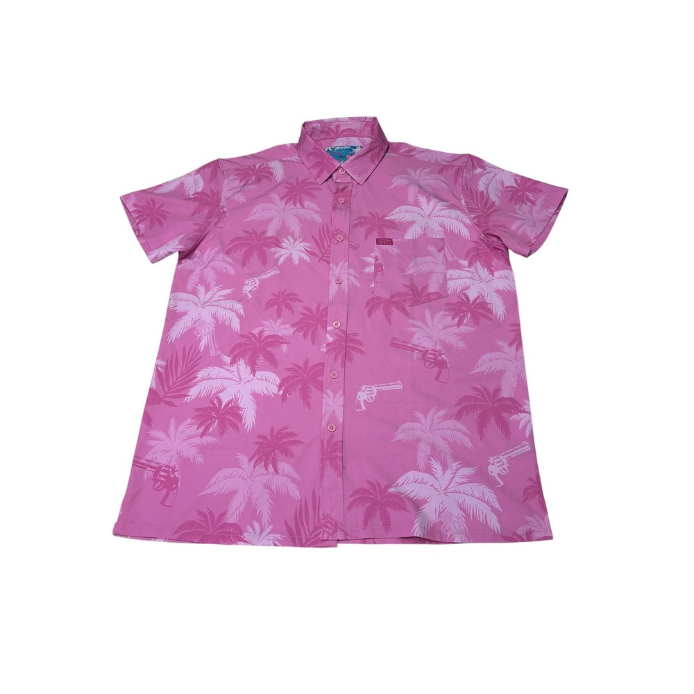 Retro Rifle Vice City Pink Palm‎ Tree Revolver Button Down Shirt Mens Large L